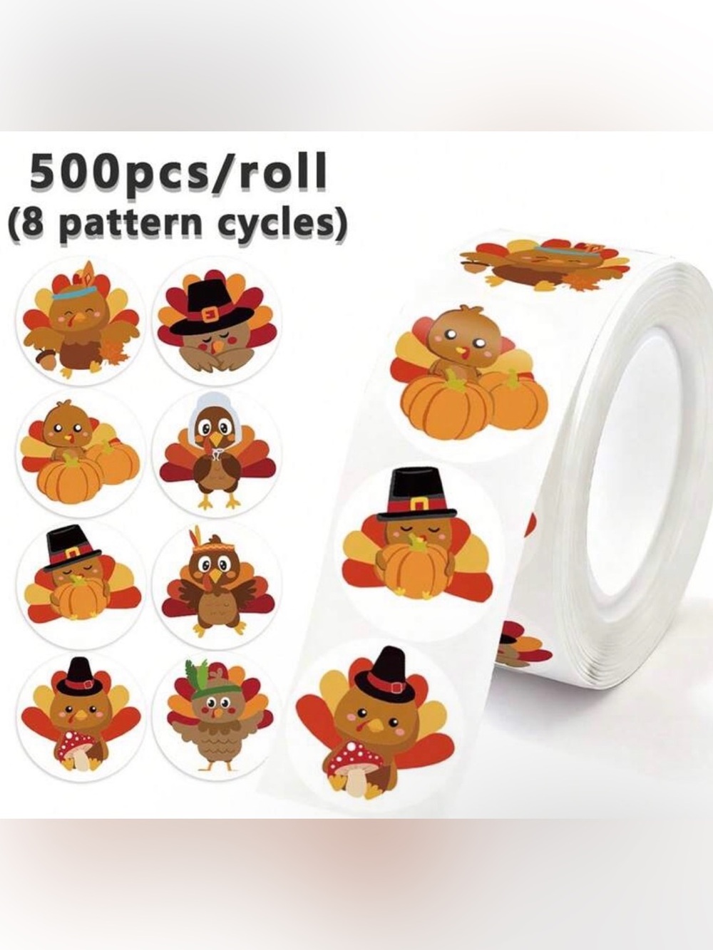 Festive Thanksgiving Turkey Sticker Roll of 500